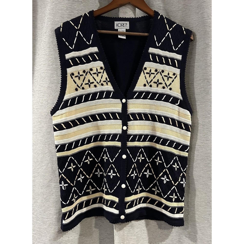 VTG Koret Sweater Vest M Grandma Knit Blue V Neck 90s Embroidered Casual Button